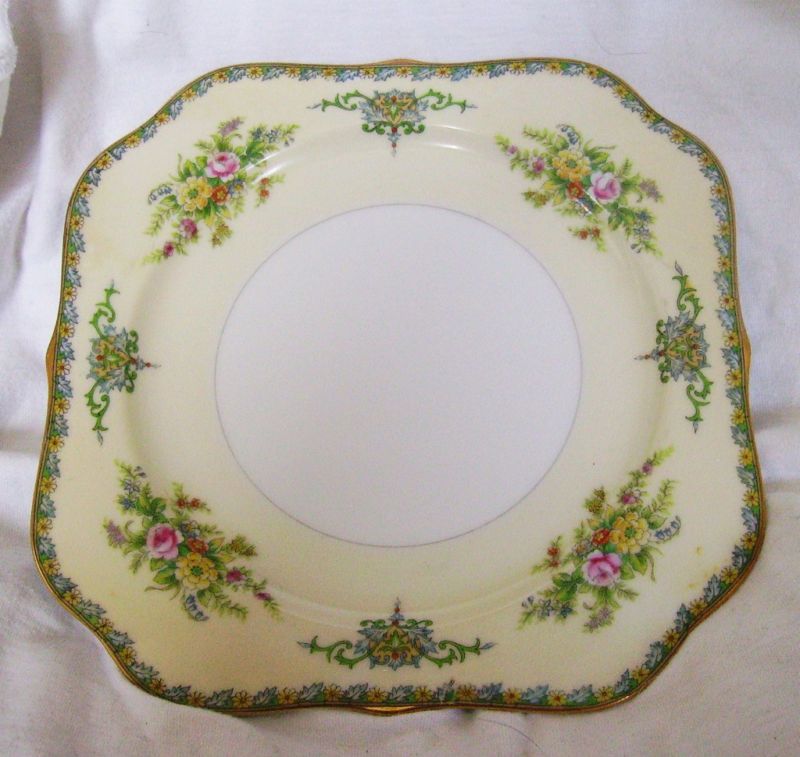   LUNCH PLATES {M} FINE CHINA~SQUARE SALAD DISH~ANTIQUE GREEN PINK GOLD