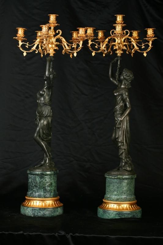 Pair French Louis XV Bronze Female Candelabras Figurines Ormolu  