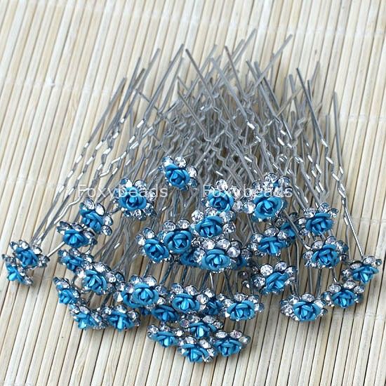 50pc BLUE Rose Crystal Bridal*Party Jewel Hair Pin New  