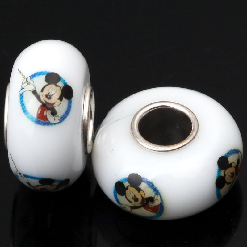 White Baked Glass Loose Bead Mickey Mouse Fit Bracelet  