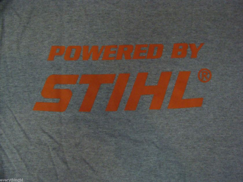 Adult STIHL T Shirt   Grey with Orange Powered by STIHL on Back 