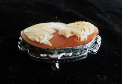 Antique Sterling Silver Carved Shell Cameo Brooch Pendant High Relief 