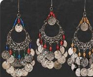 BLACK COIN & BLUE, RED GLASS BEAD EARRING Chandelier **  