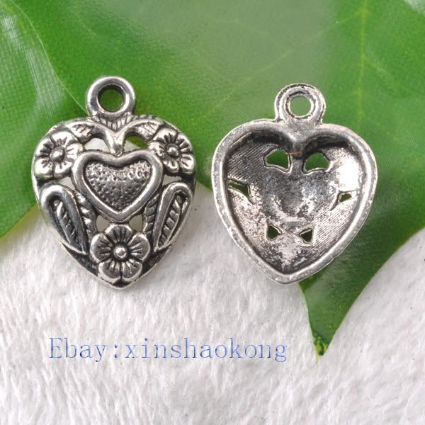 FREE SHIP 100pcs Tibetan Silver Flower Heart shaped Charm Pendents 